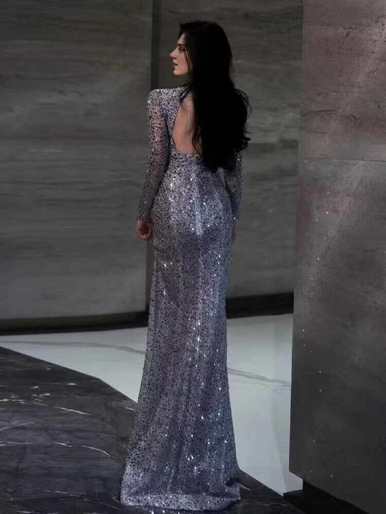 Weitese Formal Women's Dresses Long Sleeve Mermaid Sequin Long Prom Dress With Slit Prom Dresses Stores