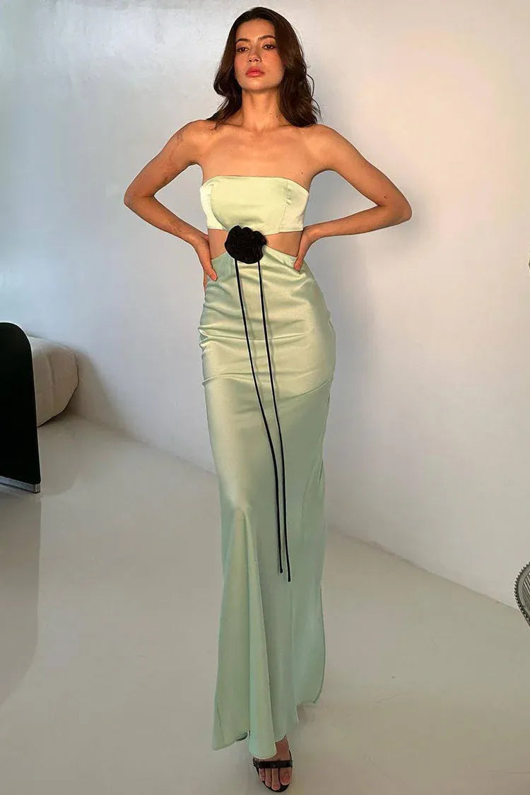 Mermaid Strapless Cutout 3D Flower Satin Yellow Floor-Length Prom Dress