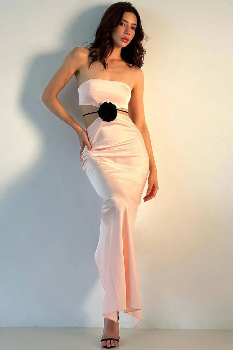 Mermaid Strapless Cutout 3D Flower Satin Yellow Floor-Length Prom Dress