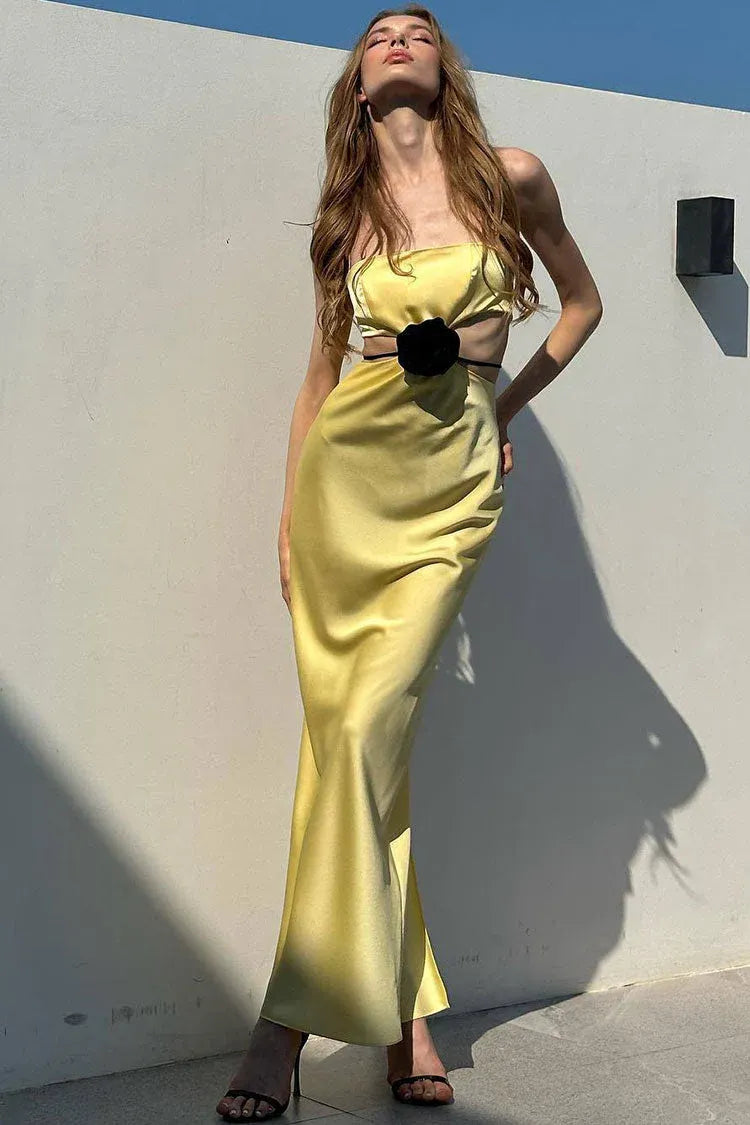 Mermaid Strapless Cutout 3D Flower Satin Yellow Floor-Length Prom Dress