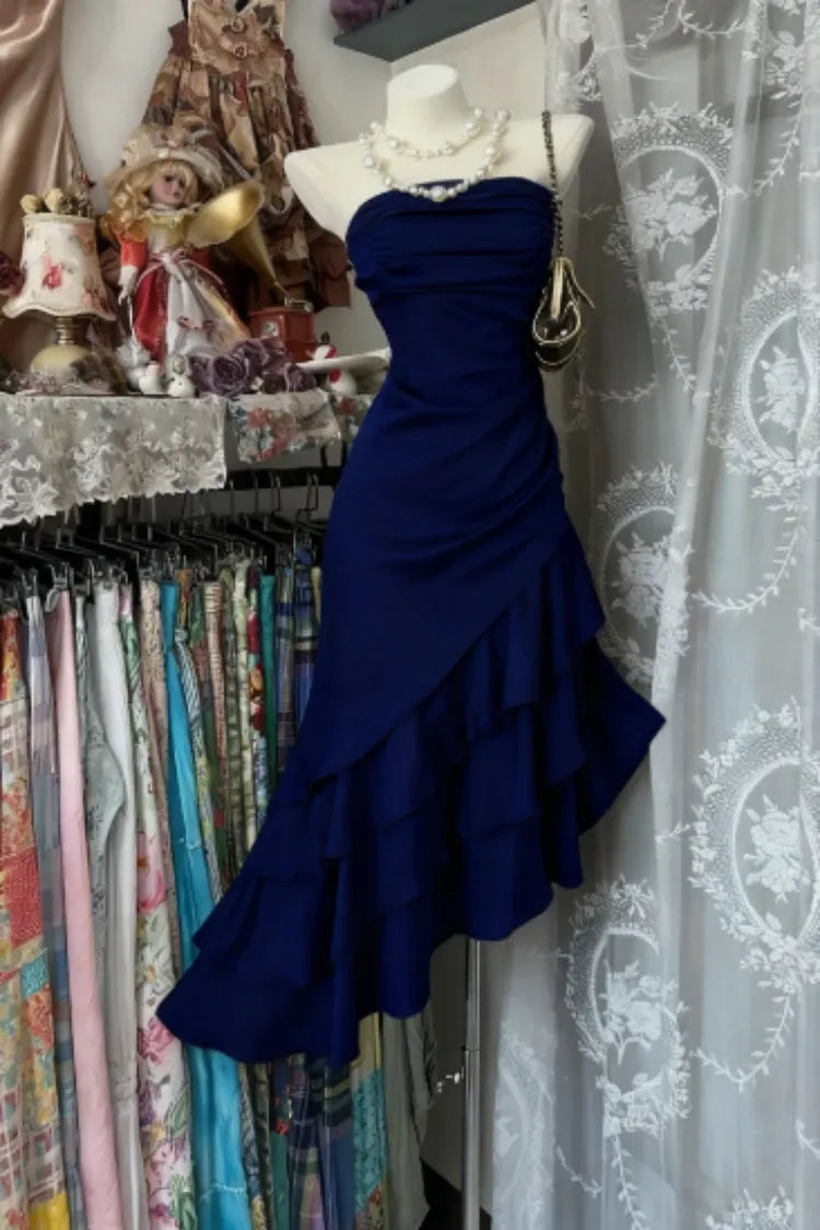 Playful Mermaid Strapless Ruched Tiered Ruffle Hem Satin Champagne Homecoming Dress
