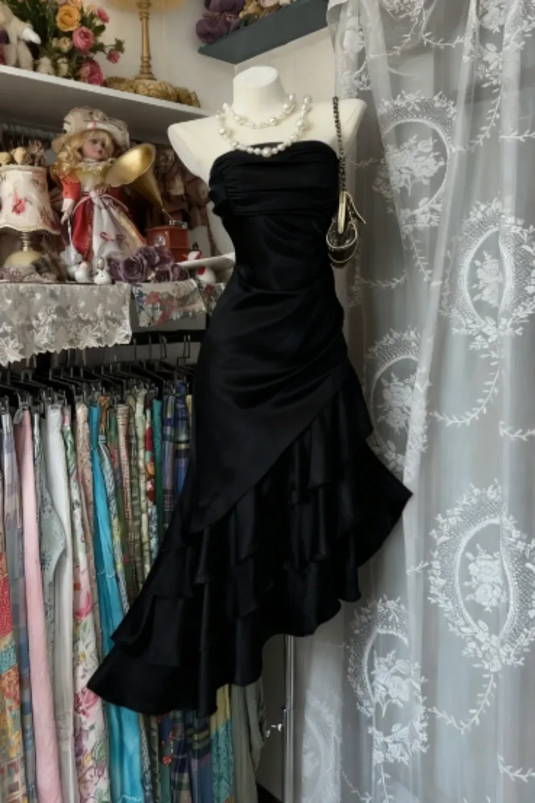 Playful Mermaid Strapless Ruched Tiered Ruffle Hem Satin Champagne Homecoming Dress