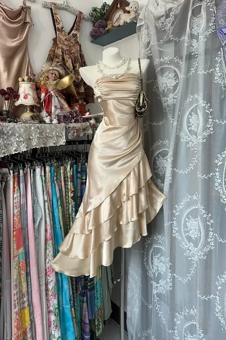 Playful Mermaid Strapless Ruched Tiered Ruffle Hem Satin Champagne Homecoming Dress