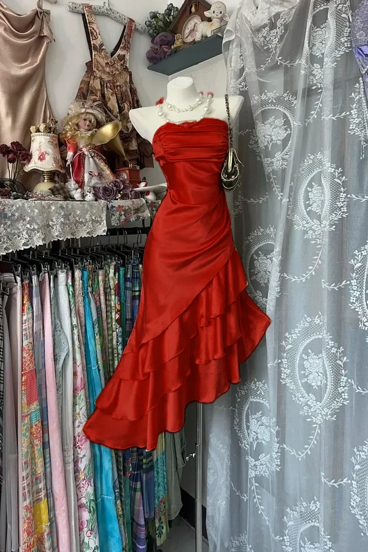 Playful Mermaid Strapless Ruched Tiered Ruffle Hem Satin Champagne Homecoming Dress