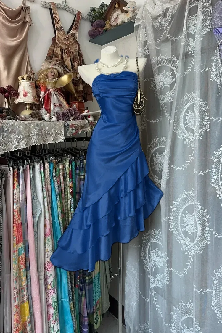 Playful Mermaid Strapless Ruched Tiered Ruffle Hem Satin Champagne Homecoming Dress