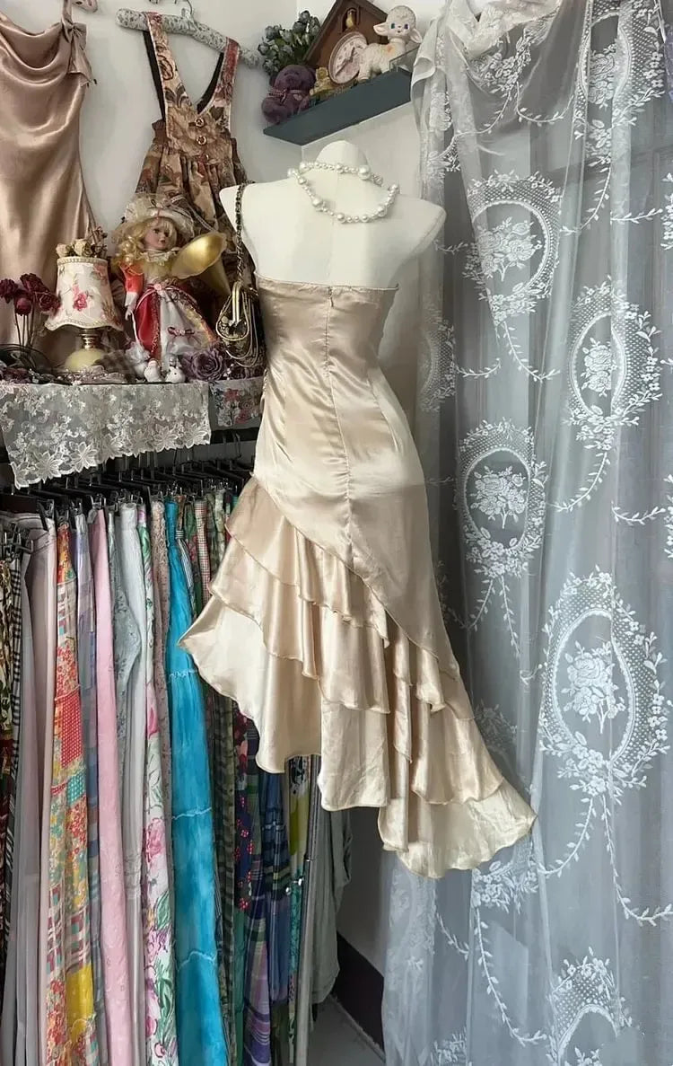 Playful Mermaid Strapless Ruched Tiered Ruffle Hem Satin Champagne Homecoming Dress