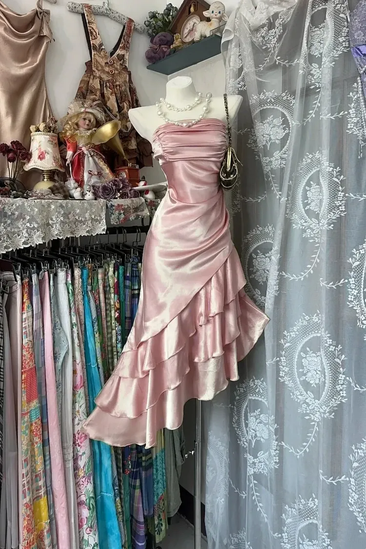 Playful Mermaid Strapless Ruched Tiered Ruffle Hem Satin Champagne Homecoming Dress