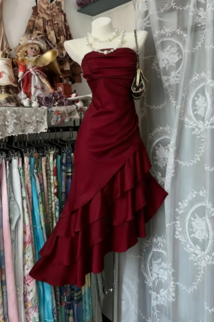 Playful Mermaid Strapless Ruched Tiered Ruffle Hem Satin Champagne Homecoming Dress