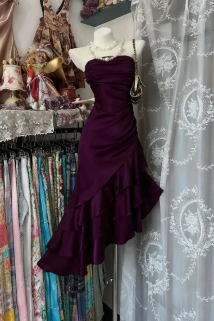 Playful Mermaid Strapless Ruched Tiered Ruffle Hem Satin Champagne Homecoming Dress