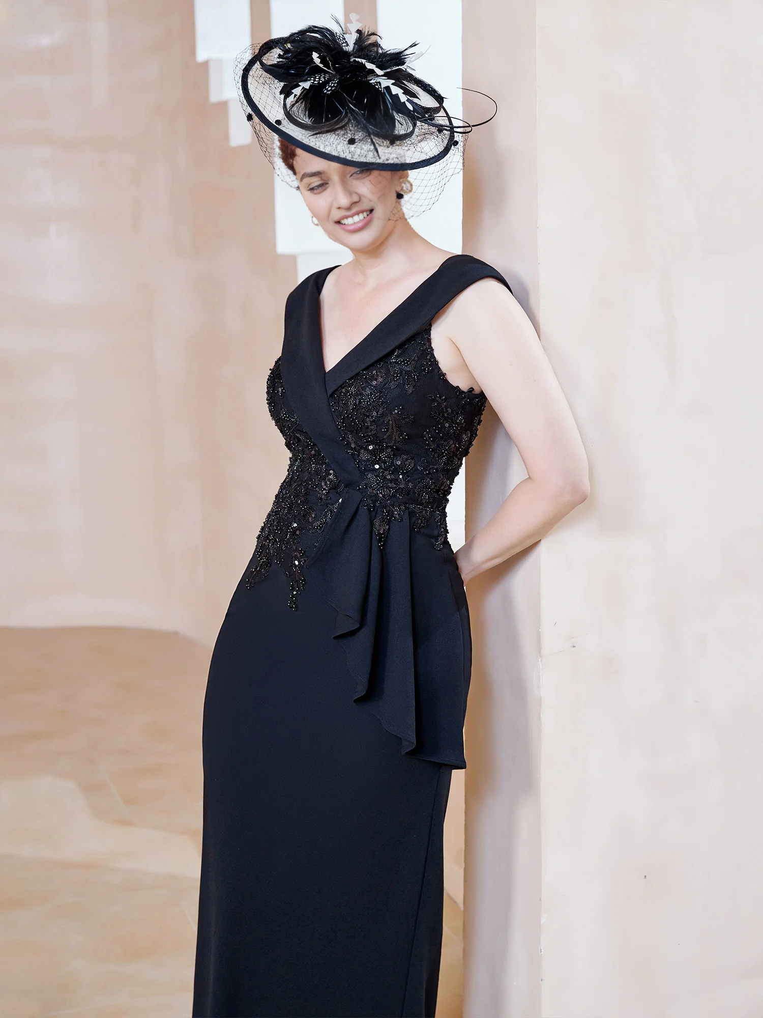 Mermaid V-neck Sleeveless Floor-length Ruffle Black Mother of the Bride Dress