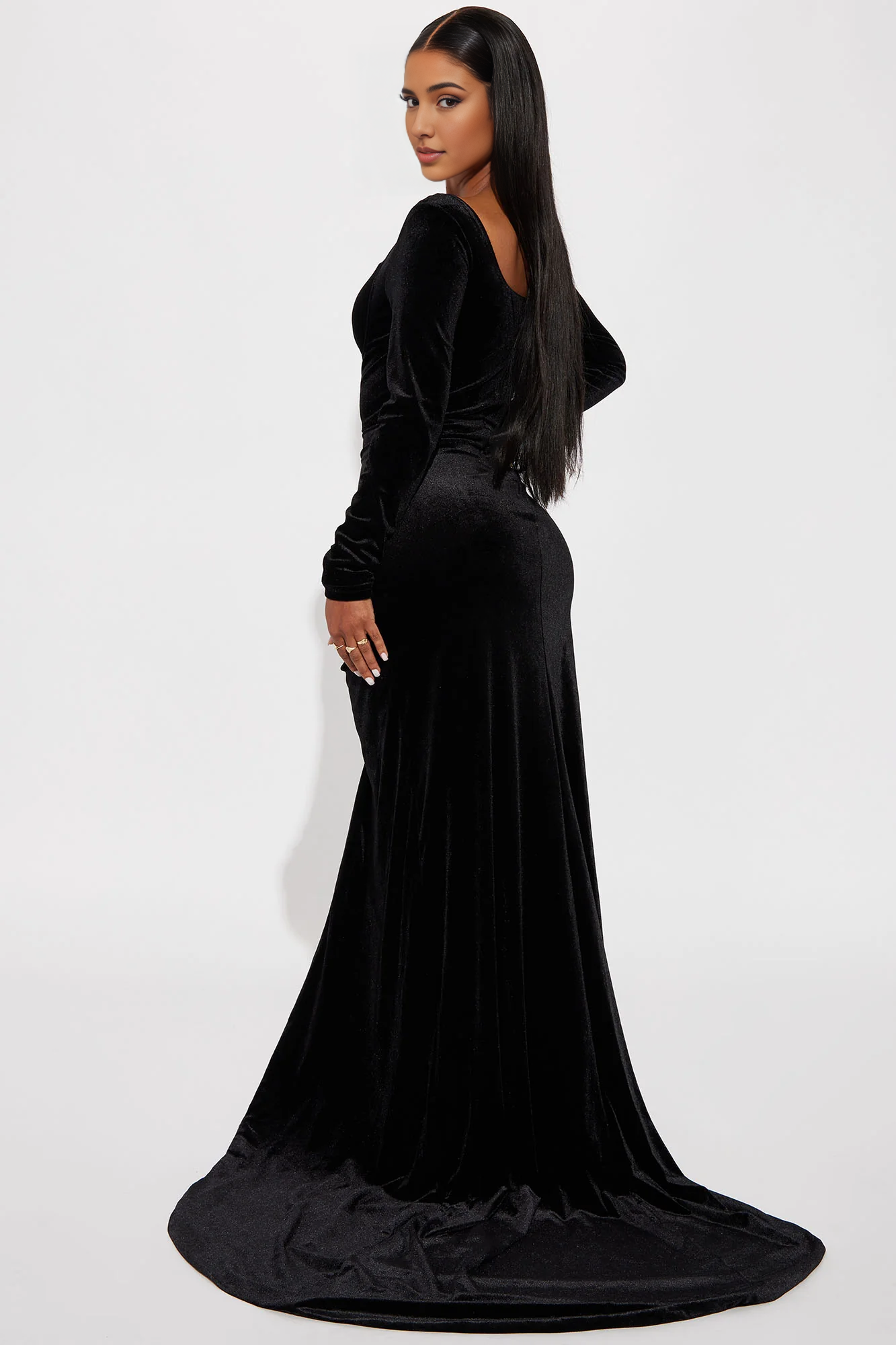 Mermaid Velvet Gown Black Long Sleeves Strapless Party Dress With Hight Side Slit With Train