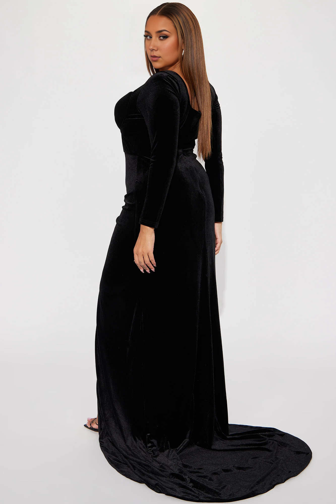 Mermaid Velvet Gown Black Long Sleeves Strapless Party Dress With Hight Side Slit With Train