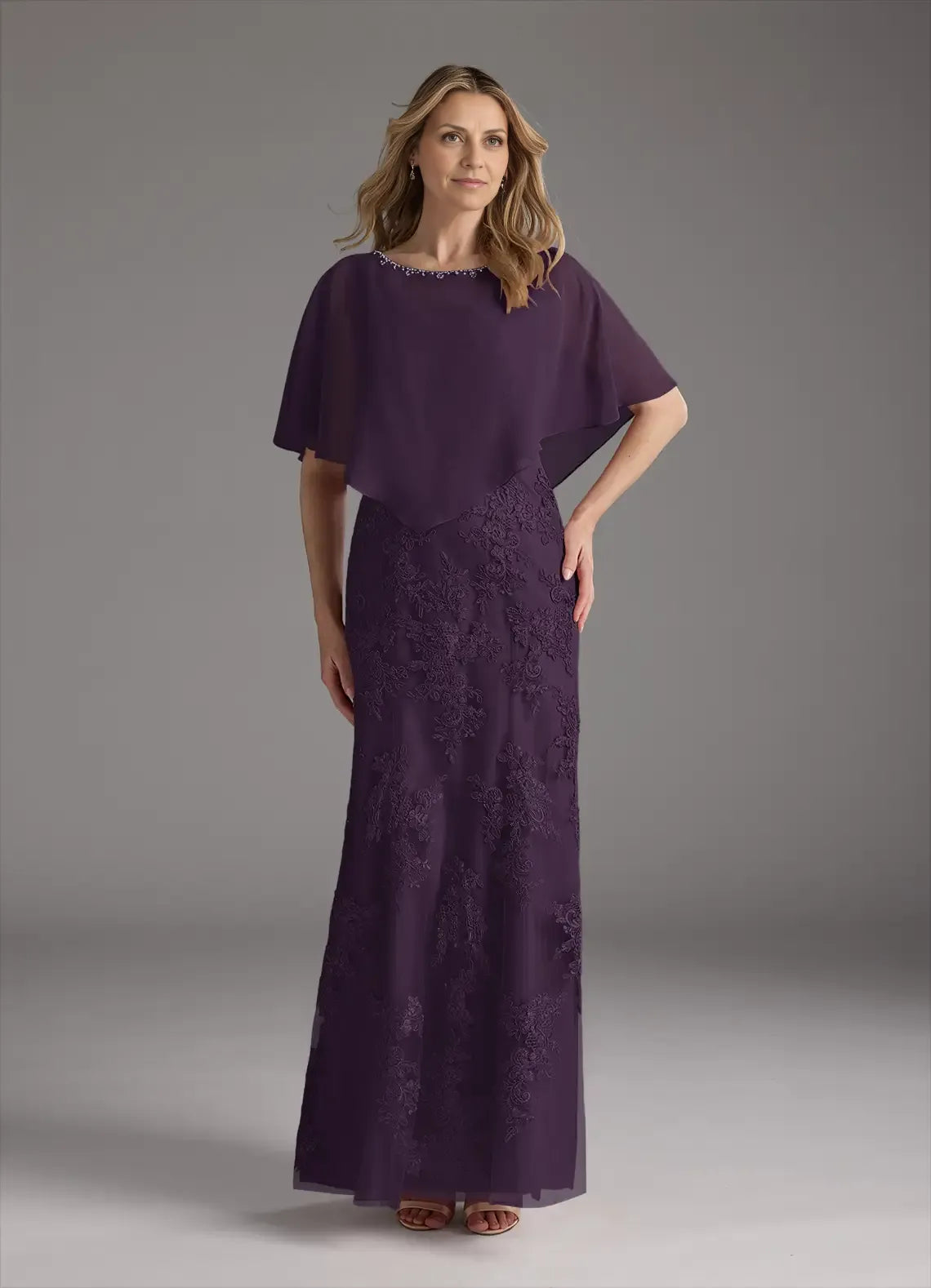 Weitese Dress Elegant Plum Mermaid Vintage Lace Chiffon Dress Floor-Length Dress Cape Sleeve Keyhole Back Mother of the Bride Dress