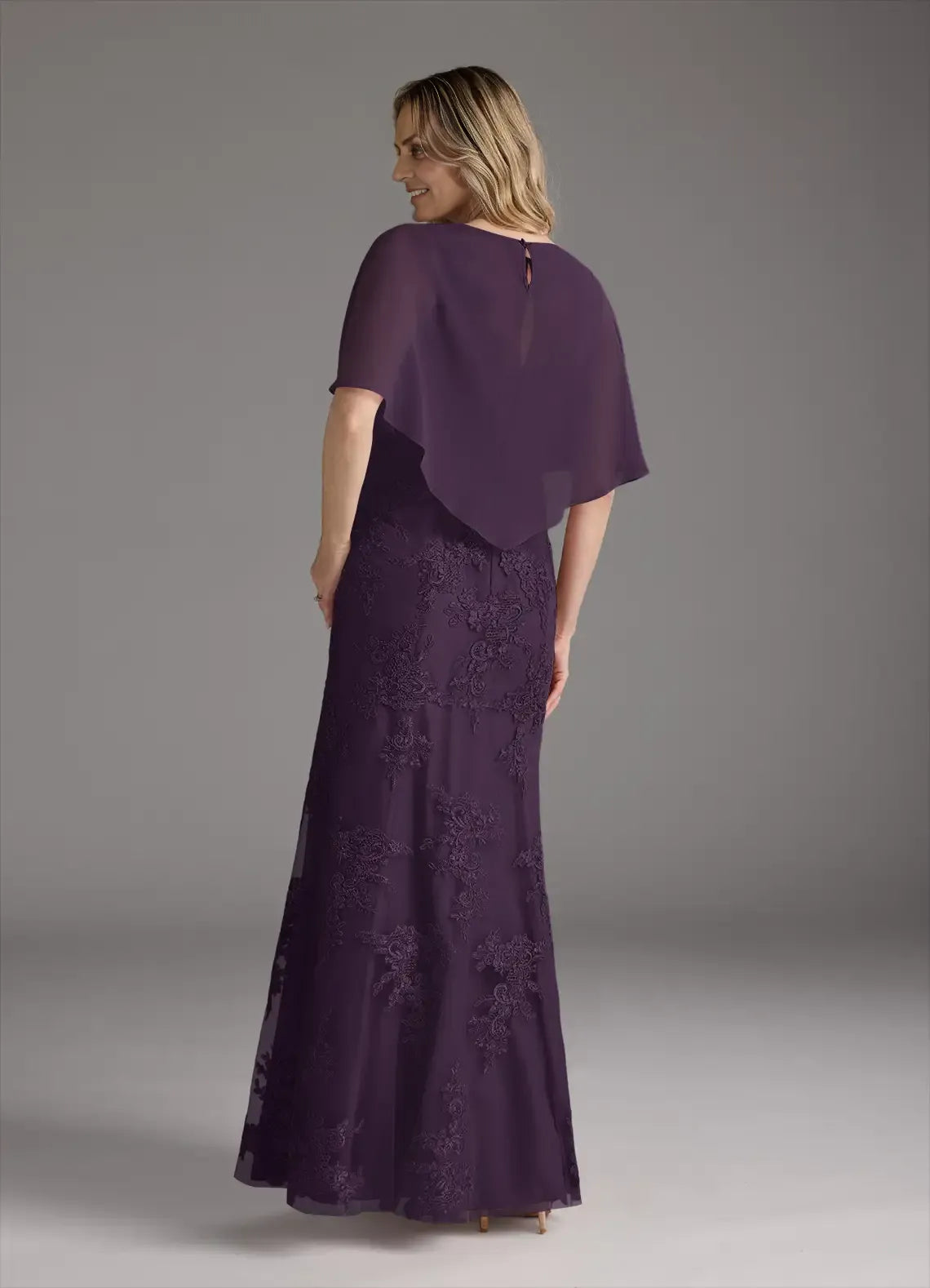 Weitese Dress Elegant Plum Mermaid Vintage Lace Chiffon Dress Floor-Length Dress Cape Sleeve Keyhole Back Mother of the Bride Dress