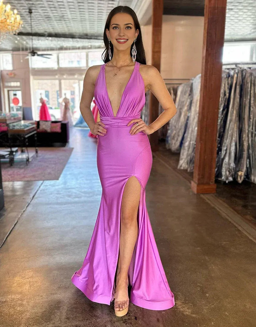 Vestido de fiesta largo de satén con escote en V profundo y espalda cruzada de sirena con abertura