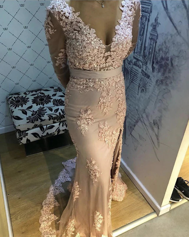 Vestidos de fiesta de sirena con escote en V profundo, encaje dividido, mangas largas y apliques