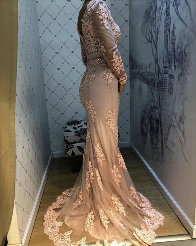 Vestidos de fiesta de sirena con escote en V profundo, encaje dividido, mangas largas y apliques