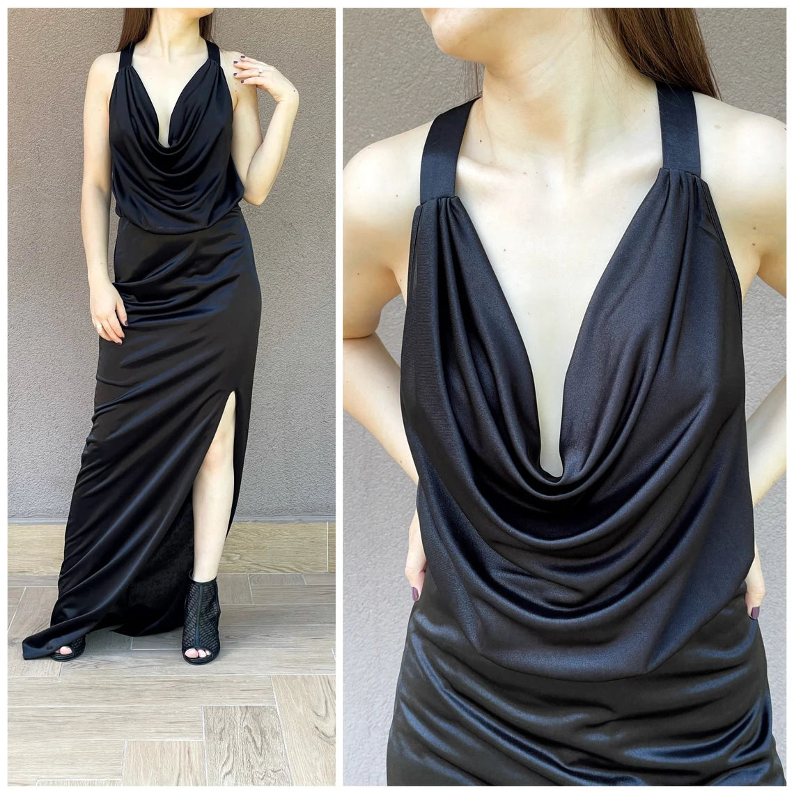 Robe sirène longue à col bénitier et licou en satin noir sans manches avec fente longue pour cocktail 