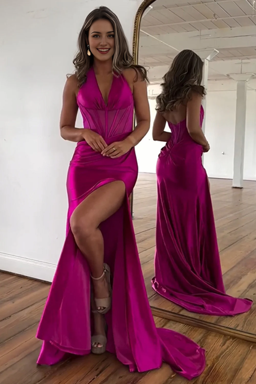 Vestido de fiesta largo de satén con escote halter y espalda descubierta de sirena con abertura