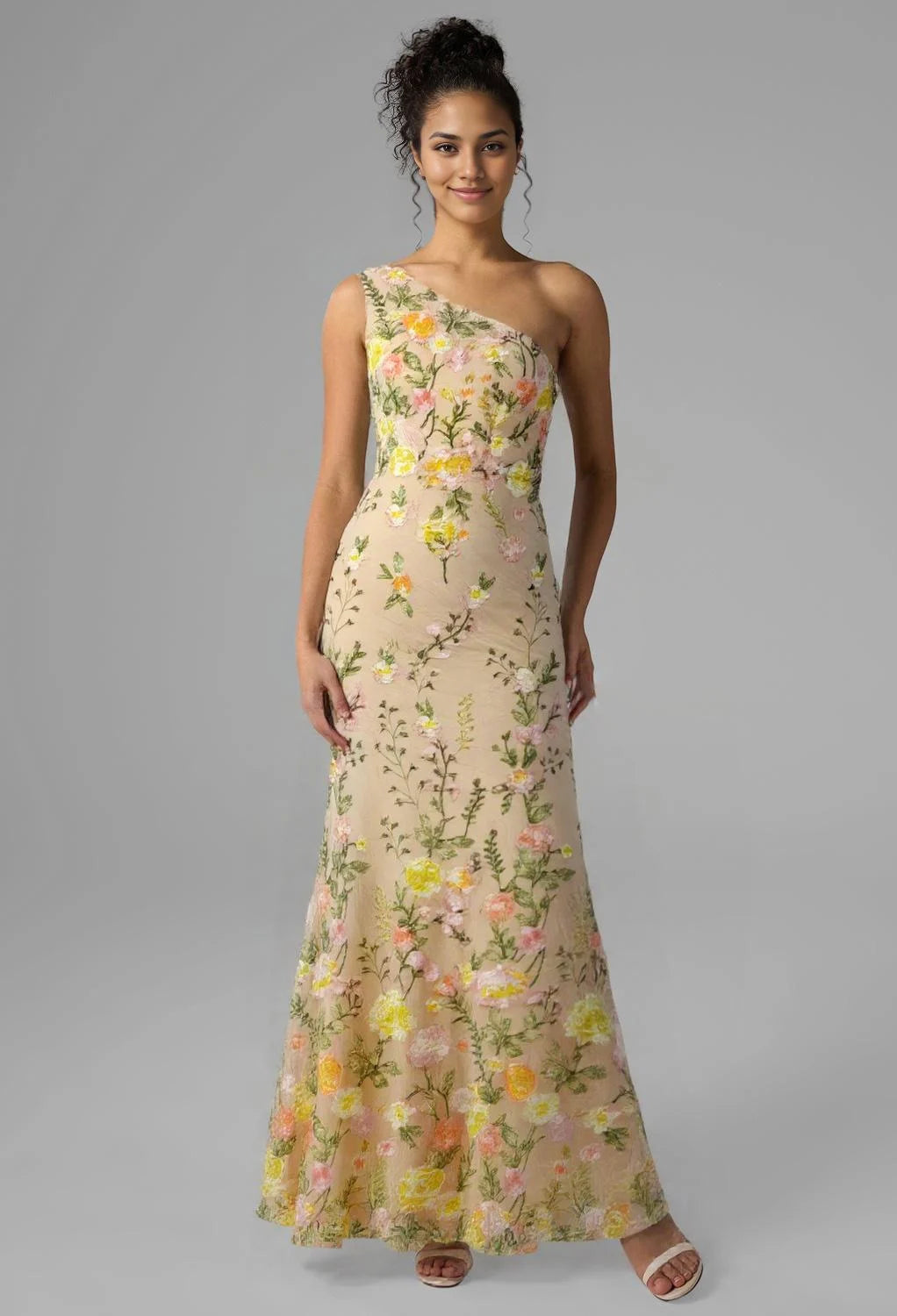 Mermaid One Shoulder Floor Length Prom Dresses Tulle Sleeveless Embroidered Flowers Affordable Tulle Evening Dresses