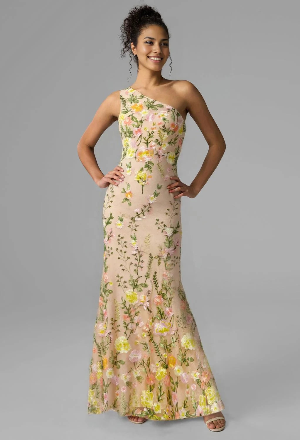 Mermaid One Shoulder Floor Length Prom Dresses Tulle Sleeveless Embroidered Flowers Affordable Tulle Evening Dresses