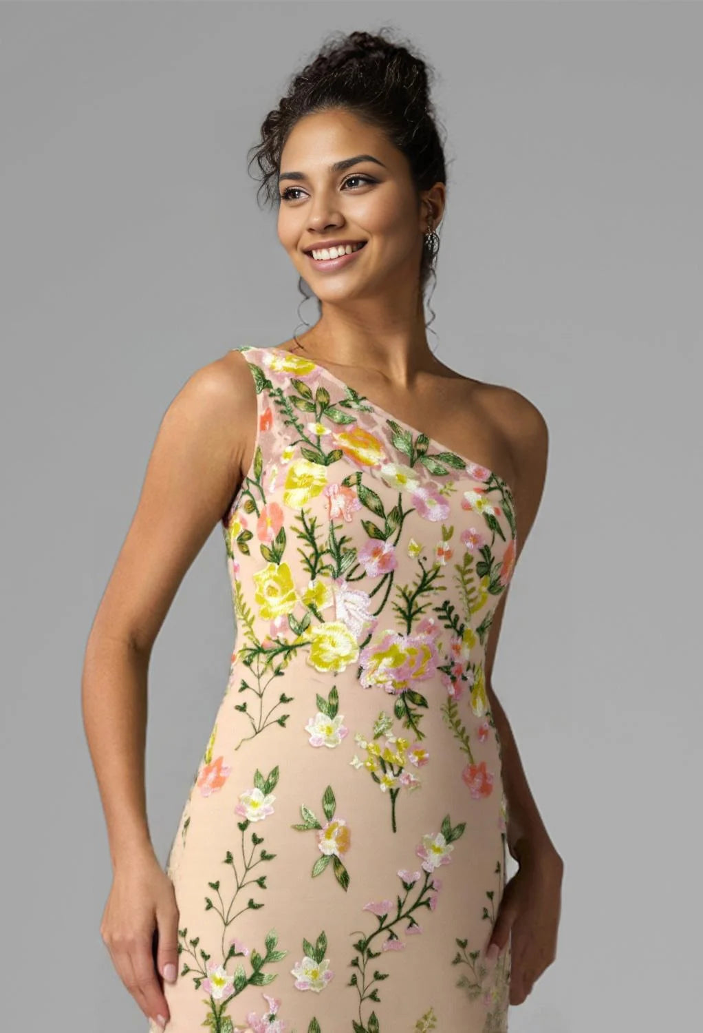 Mermaid One Shoulder Floor Length Prom Dresses Tulle Sleeveless Embroidered Flowers Affordable Tulle Evening Dresses