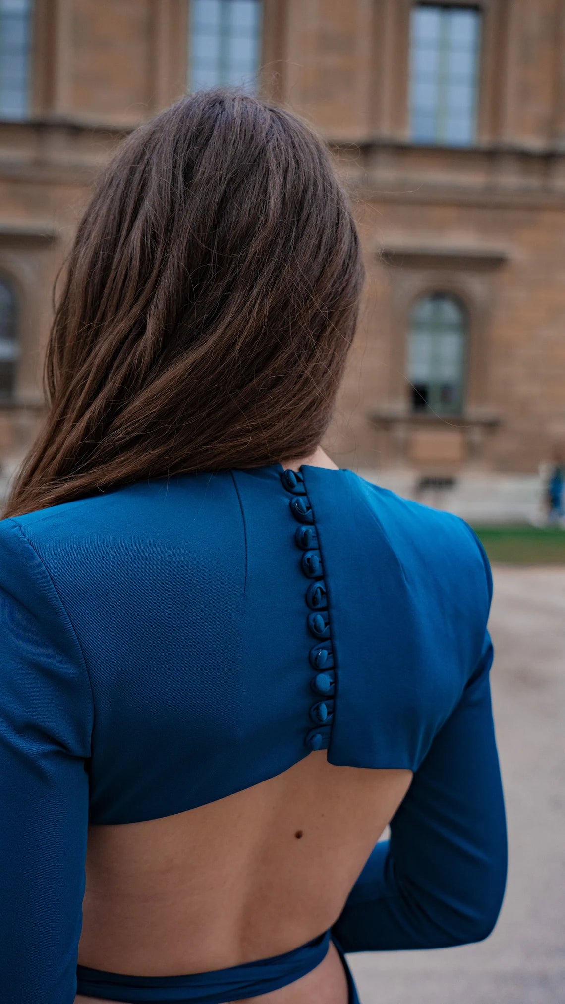 Vestido de fiesta de sirena con espalda descubierta y botones, vestido de graduación, vestido de noche de manga larga 