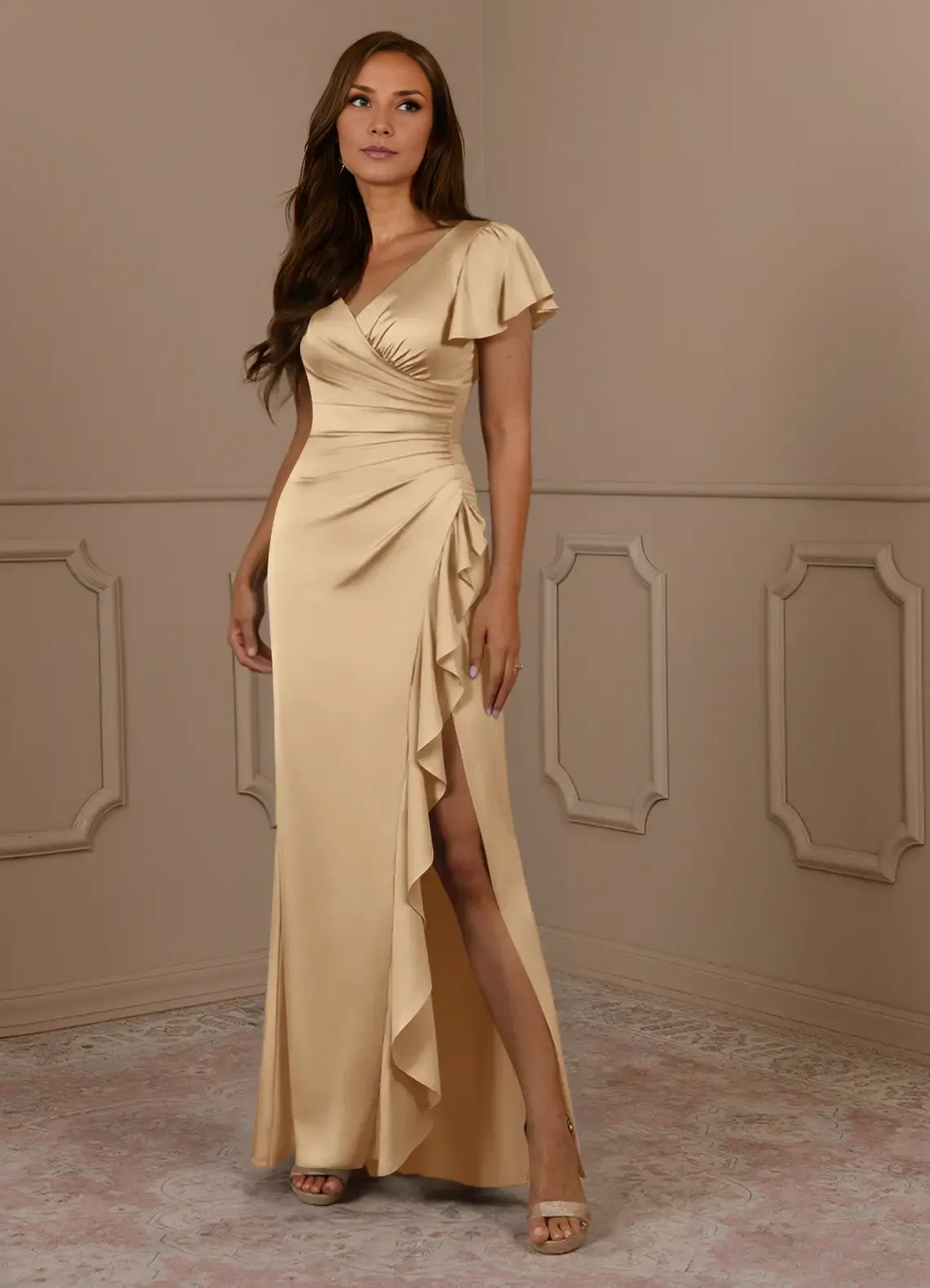 Weitese Dress Champagne Mermaid V-Neck Pleated Satin Mother Of The Bride Evening Dress Fashion Flutter Sleeve Mother Of The Groom Dresses