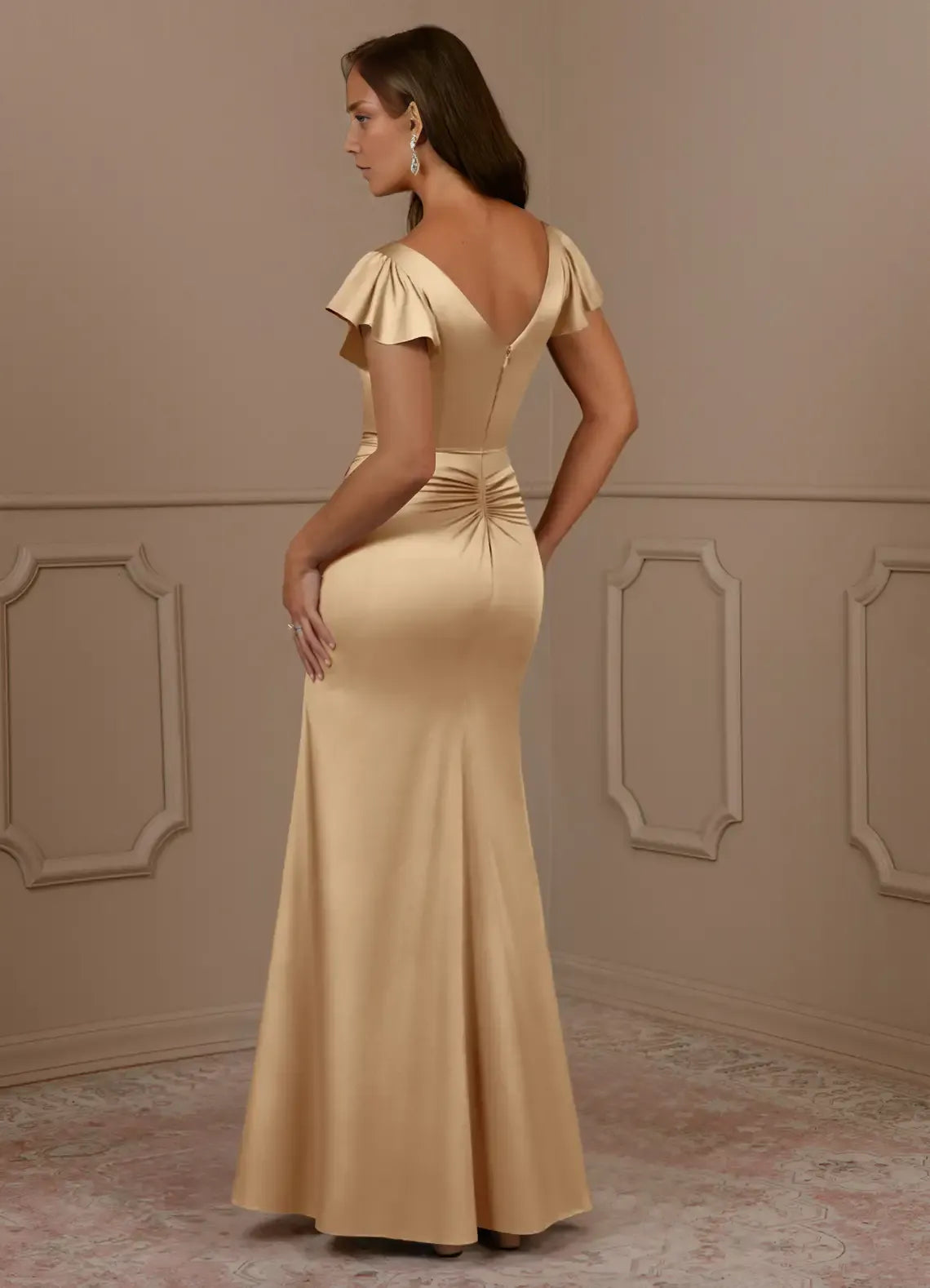 Weitese Dress Champagne Mermaid V-Neck Pleated Satin Mother Of The Bride Evening Dress Fashion Flutter Sleeve Mother Of The Groom Dresses