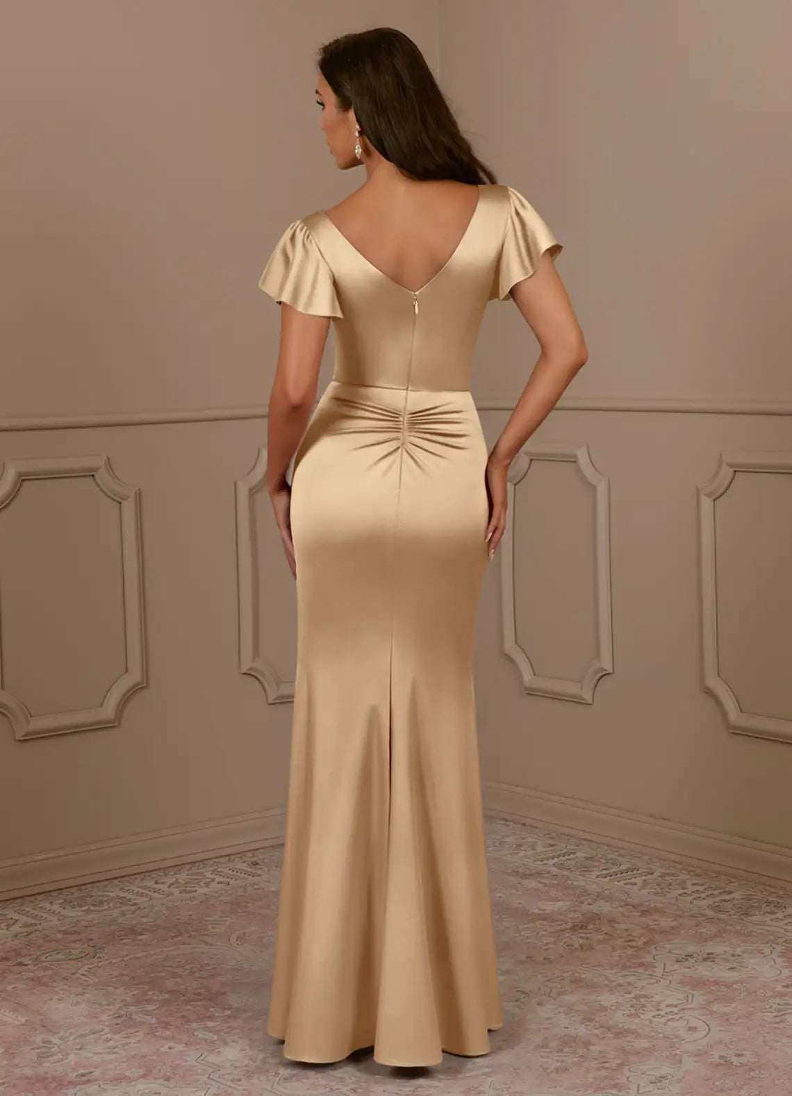 Weitese Dress Champagne Mermaid V-Neck Pleated Satin Mother Of The Bride Evening Dress Fashion Flutter Sleeve Mother Of The Groom Dresses