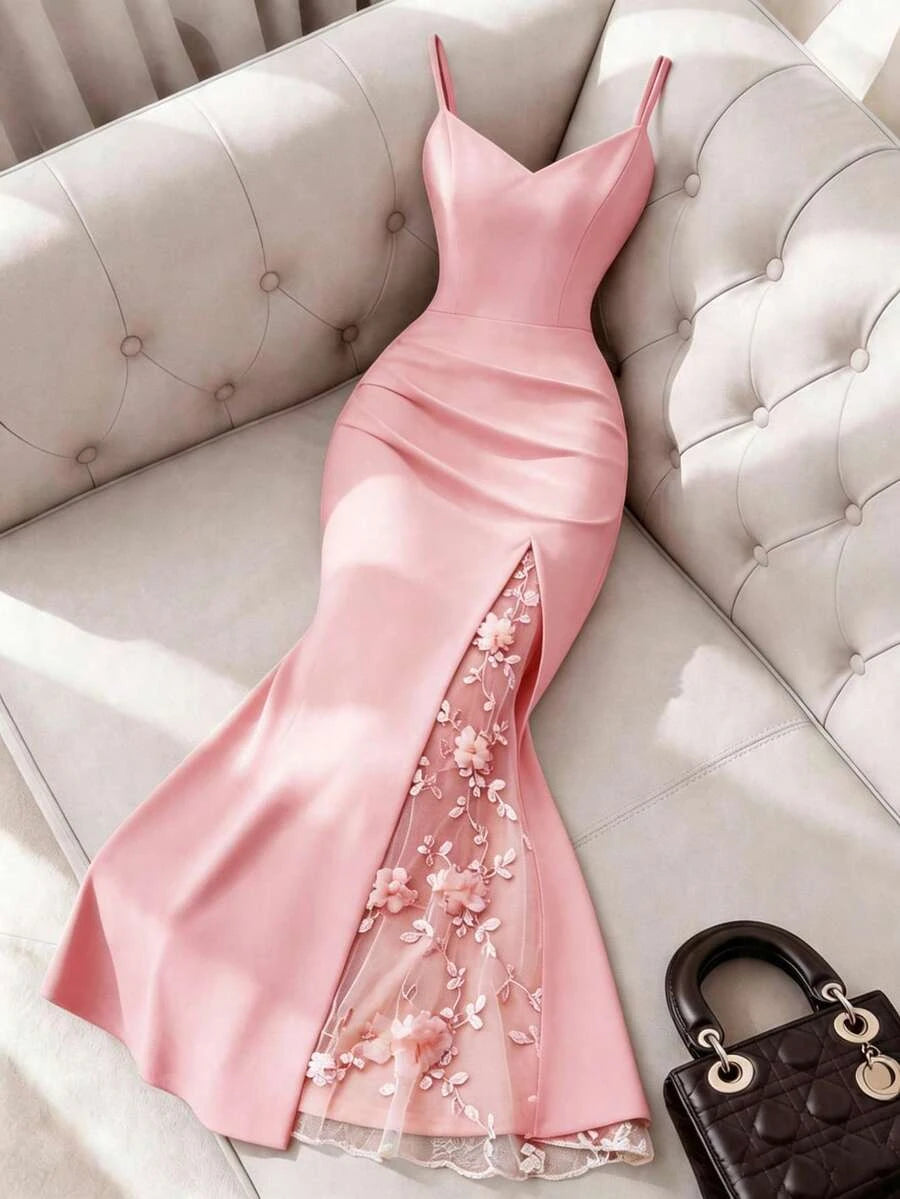 Mermaid V-Neck Spaghetti Strap Floral Applique Blush Pink Floor-Length Prom Dress