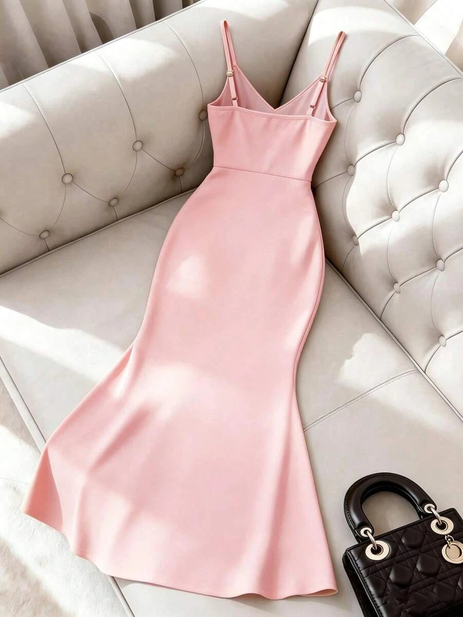 Mermaid V-Neck Spaghetti Strap Floral Applique Blush Pink Floor-Length Prom Dress