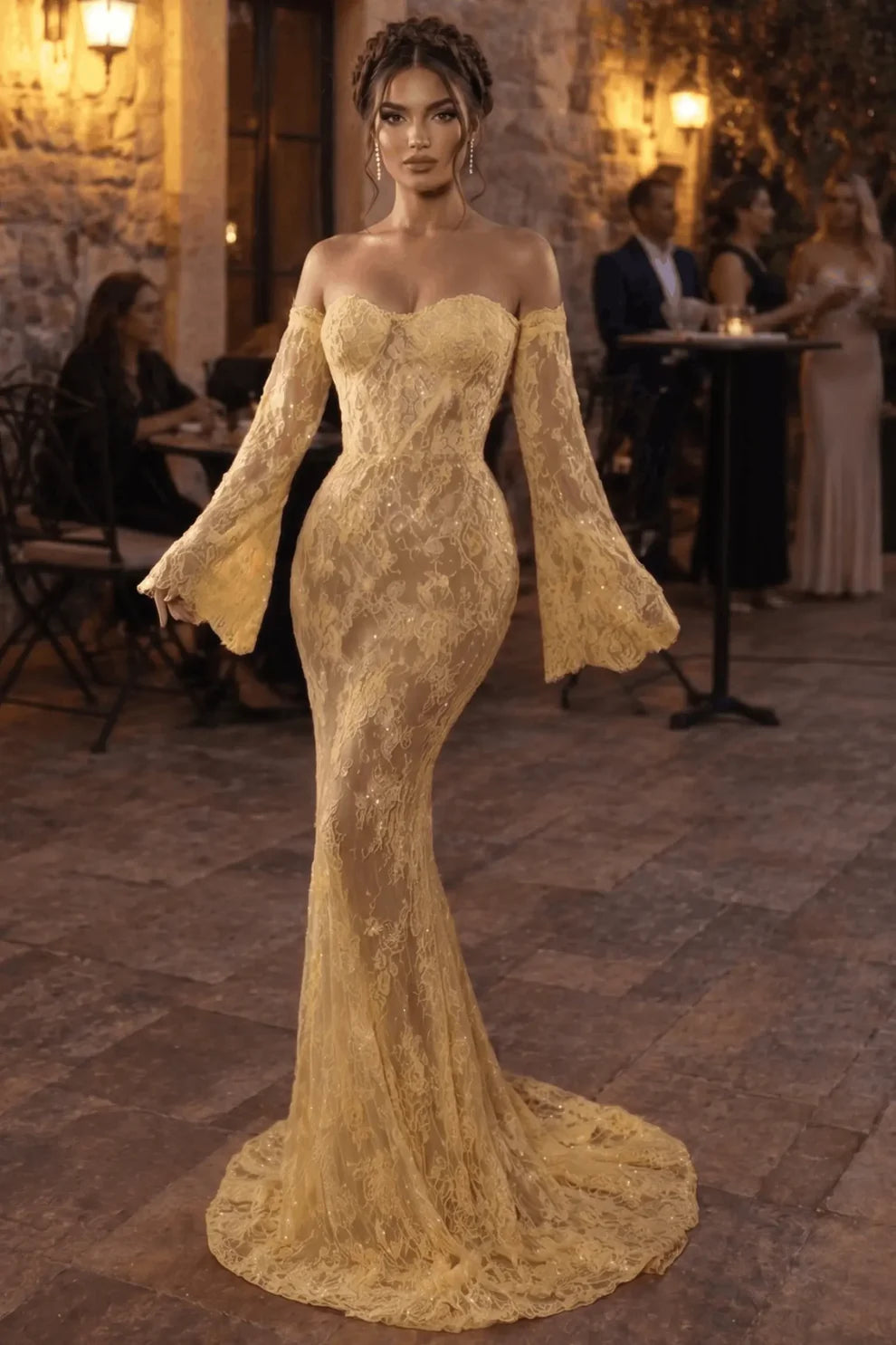 Off shoulder lace bell sleeve mermaid gown
