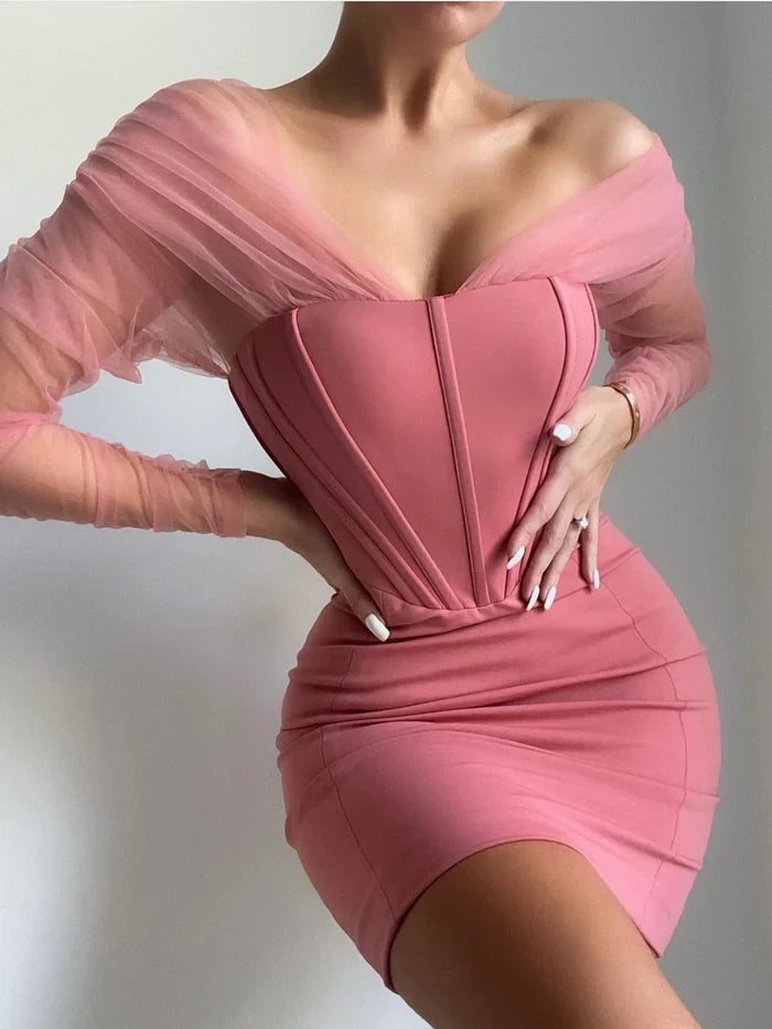 Weitese Formal Women's Dresses Pink Off Shoulder Mesh Sleeve Corset Dress Prom Dresses Stores