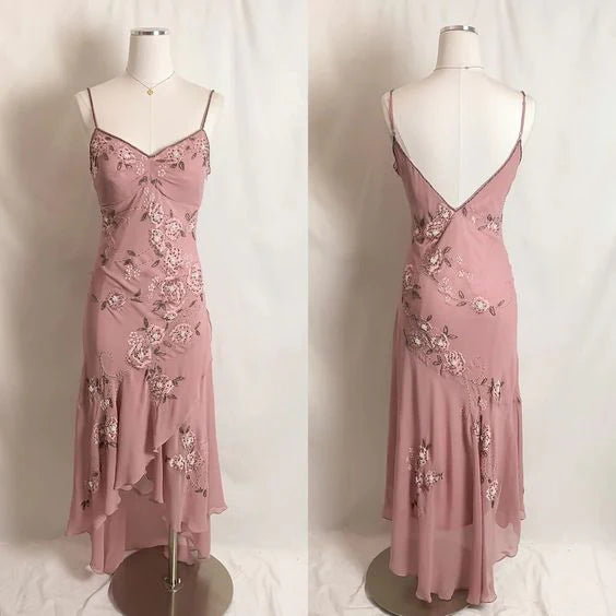 Weitese Formal Wear Dresses Vintage Dusty Pink Straps Ruffle Asymmetrical Midi Length Party Dress Prom Dresses Shops Formal Women's Dresses