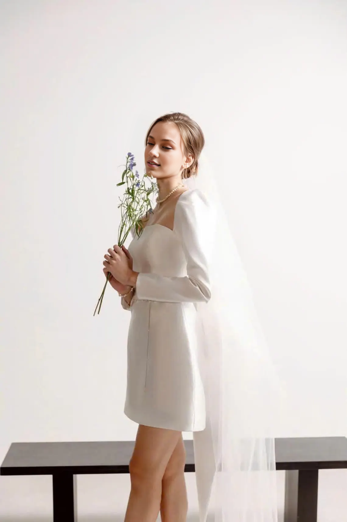 Mini robe de mariée ivoire, robe de mariée à manches longues, robe de fiançailles, robe de mariée courte, robe grande taille, robe de soirée, cadeau pour elle avec nœud 