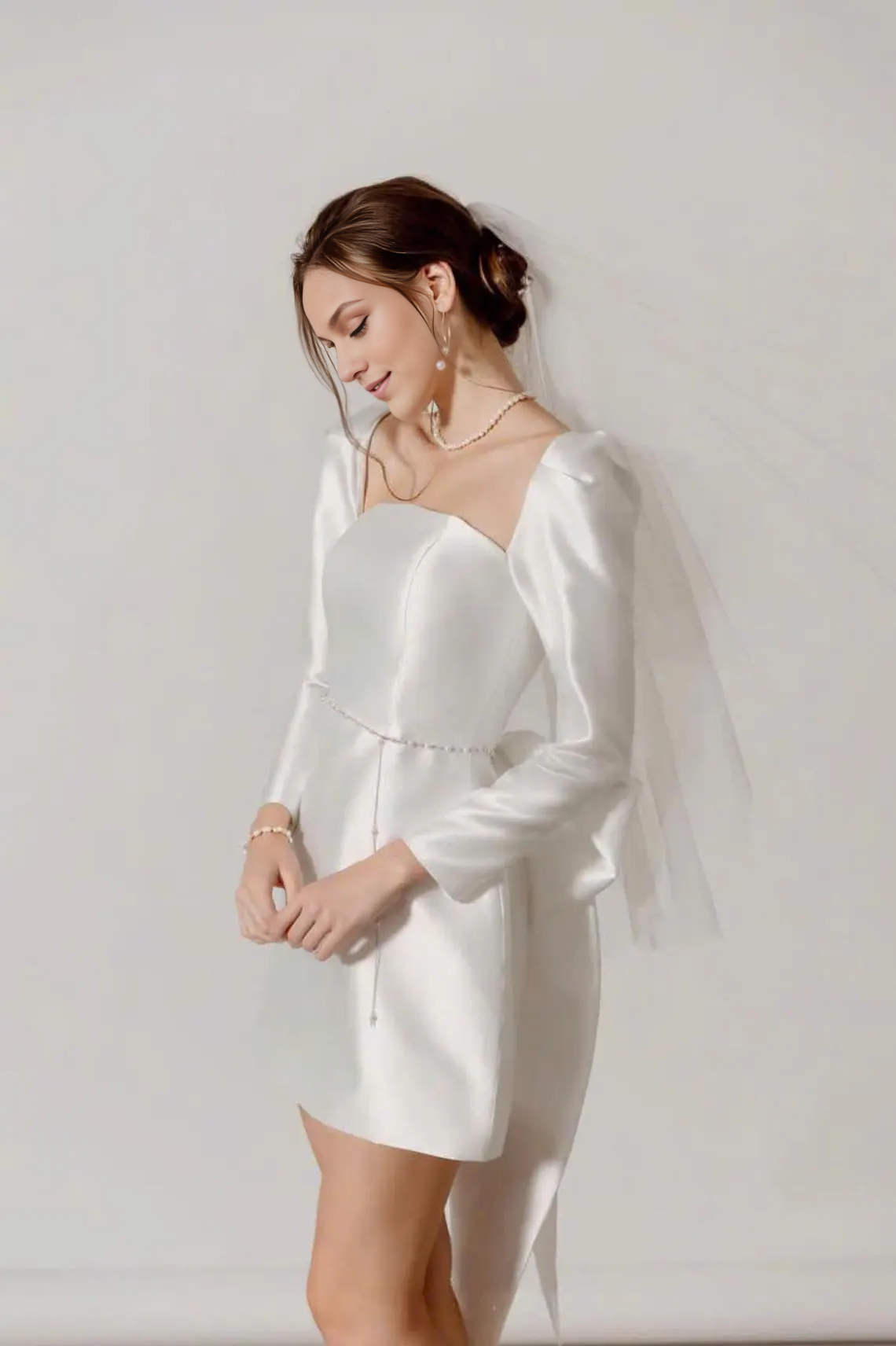 Mini robe de mariée ivoire, robe de mariée à manches longues, robe de fiançailles, robe de mariée courte, robe grande taille, robe de soirée, cadeau pour elle avec nœud 