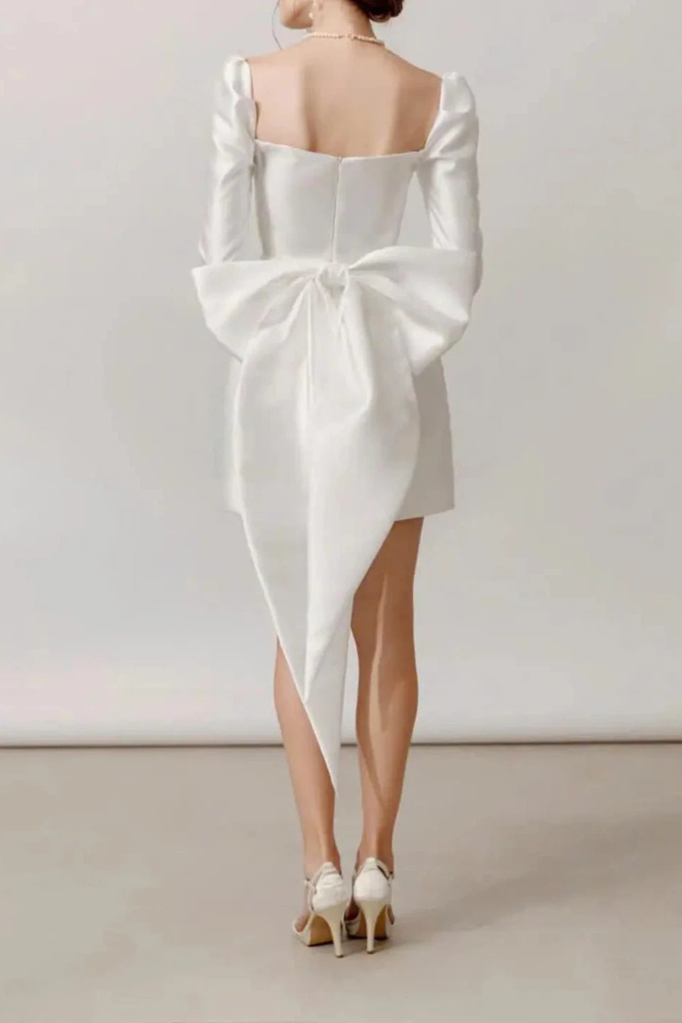 Mini robe de mariée ivoire, robe de mariée à manches longues, robe de fiançailles, robe de mariée courte, robe grande taille, robe de soirée, cadeau pour elle avec nœud 