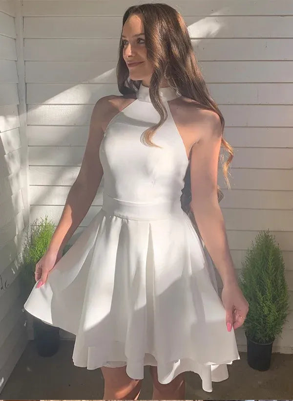 Minimal A-Line Halter Sleeveless Tiered Ruffle Satin White Short Homecoming Dress