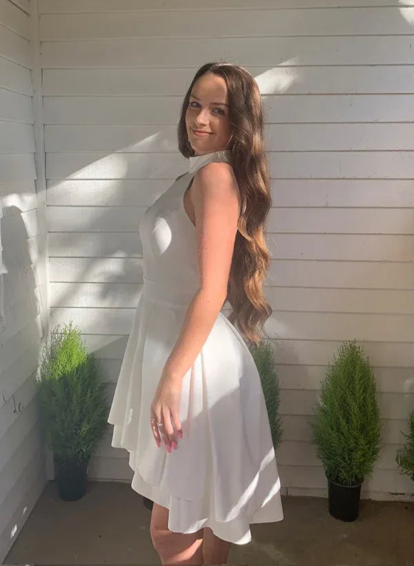 Minimal A-Line Halter Sleeveless Tiered Ruffle Satin White Short Homecoming Dress