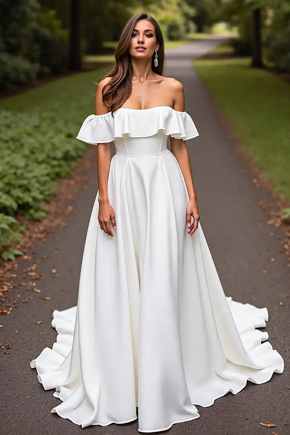 Minimalist A-Line Off the Shoulder Sleeveless Satin Sweep Train Wedding Dress