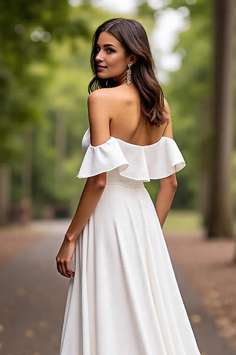 Minimalist A-Line Off the Shoulder Sleeveless Satin Sweep Train Wedding Dress