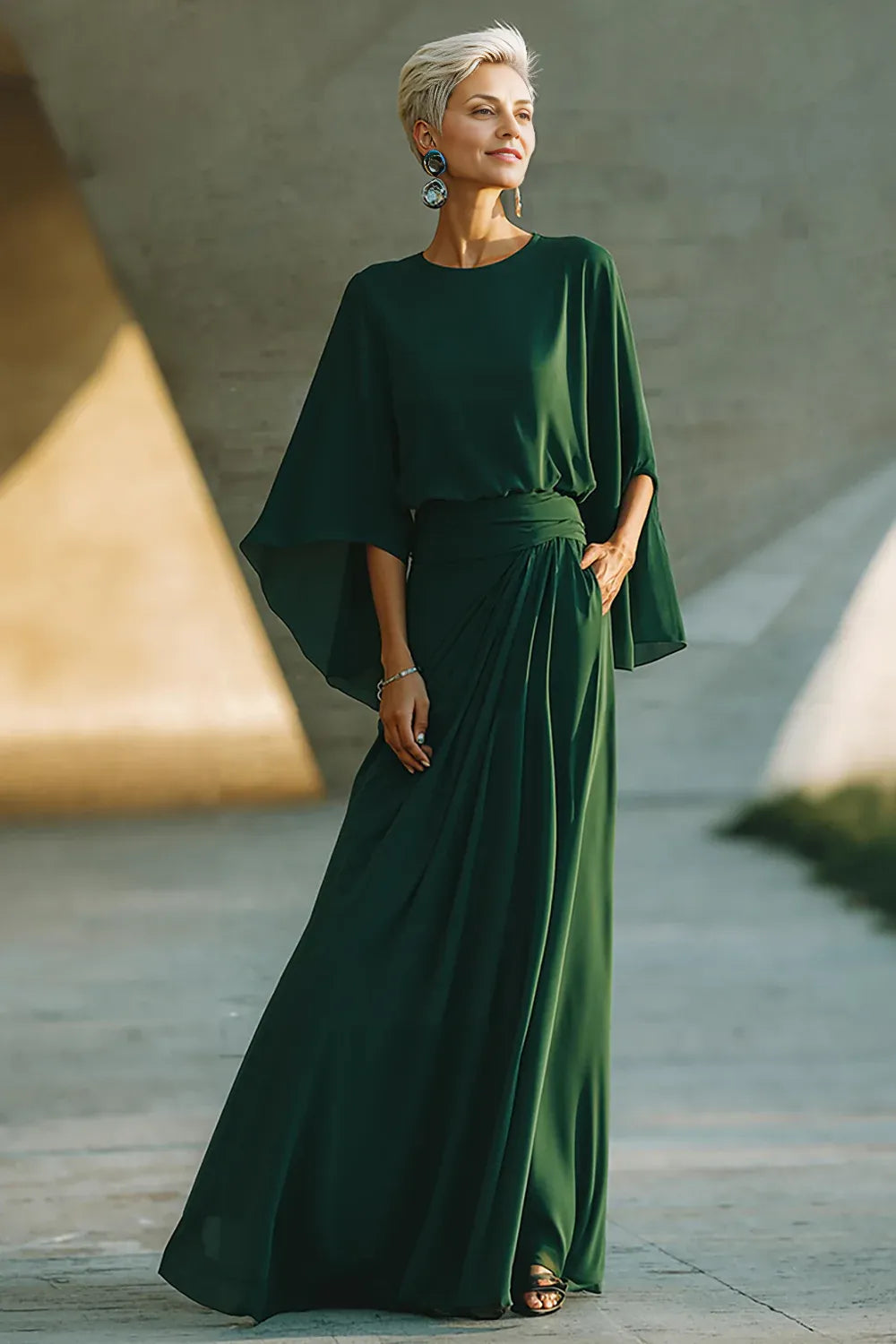 Minimalist A-Line Round Neck Long Sleeve Pleats Floor-Length Mother of the Bride Dress