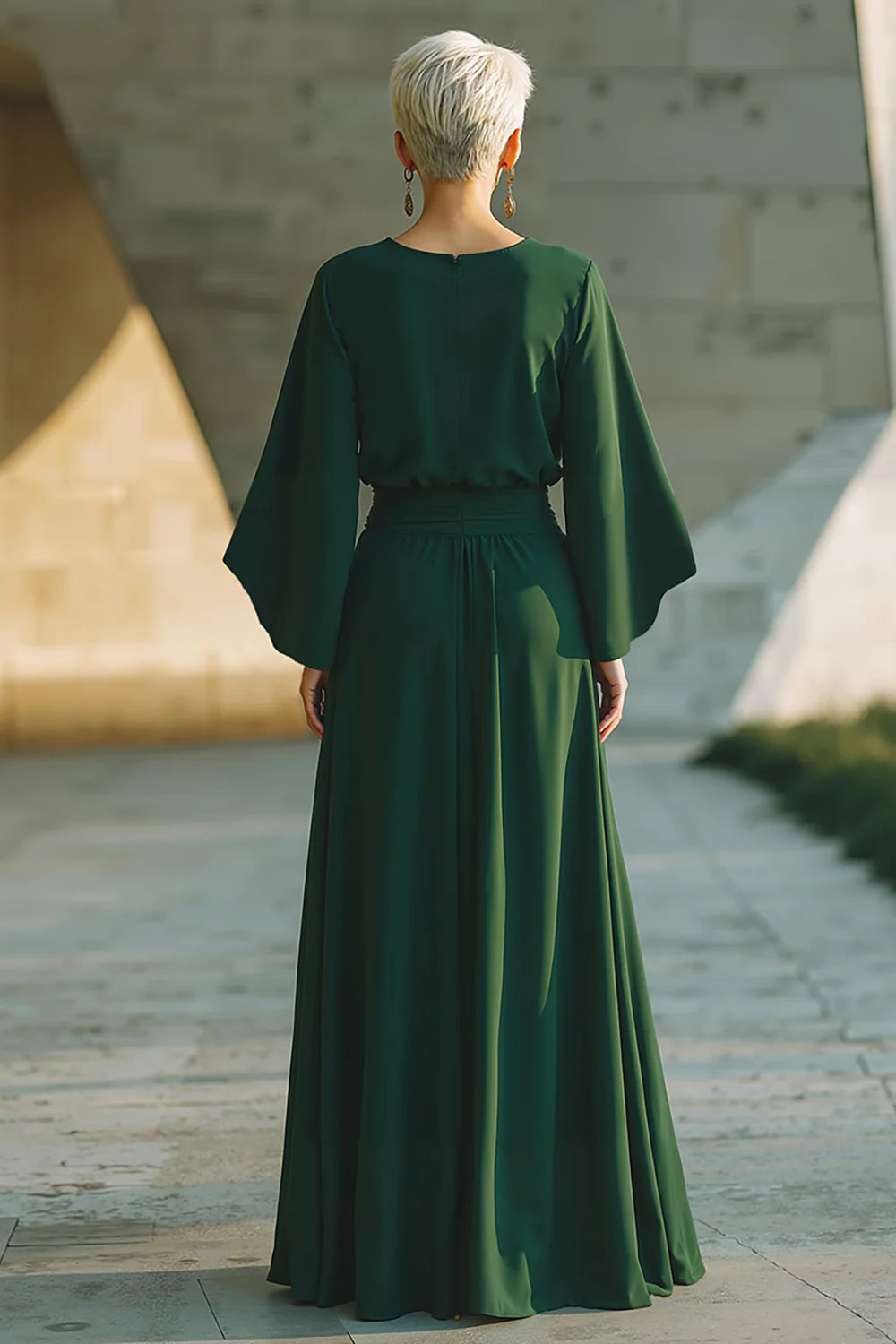 Minimalist A-Line Round Neck Long Sleeve Pleats Floor-Length Mother of the Bride Dress