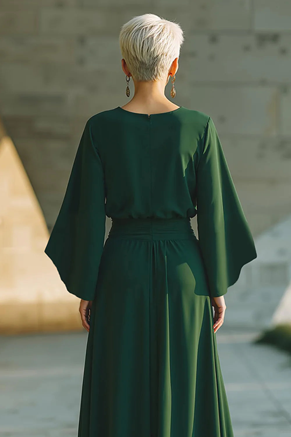 Minimalist A-Line Round Neck Long Sleeve Pleats Floor-Length Mother of the Bride Dress