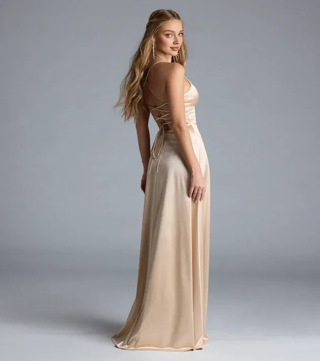 Minimalist A-Line Spaghetti Straps Sleeveless Lace-Up Sweep/Brush Train Prom Dress