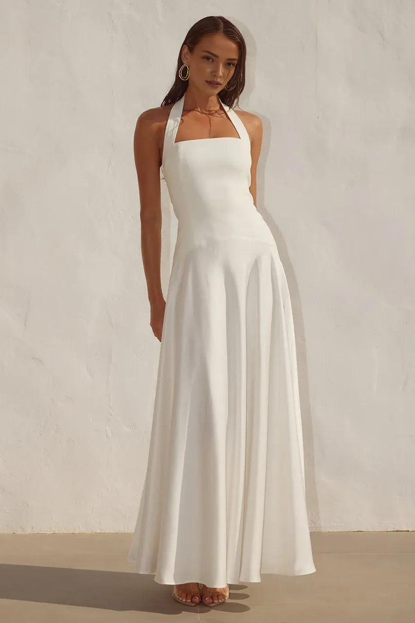 Minimalist A-line Square Neck Sleeveless Ruched Satin Floor-Length Prom Dress