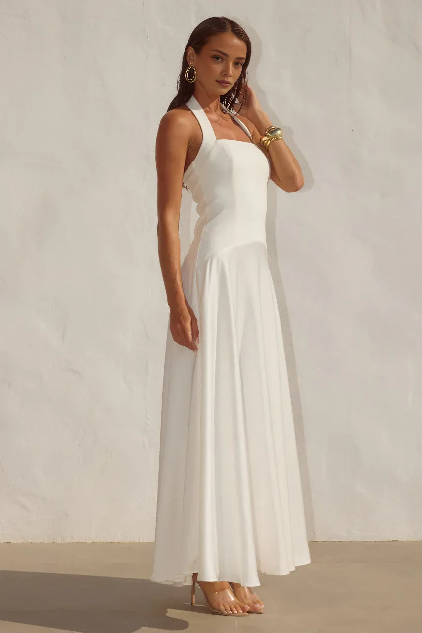 Minimalist A-line Square Neck Sleeveless Ruched Satin Floor-Length Prom Dress