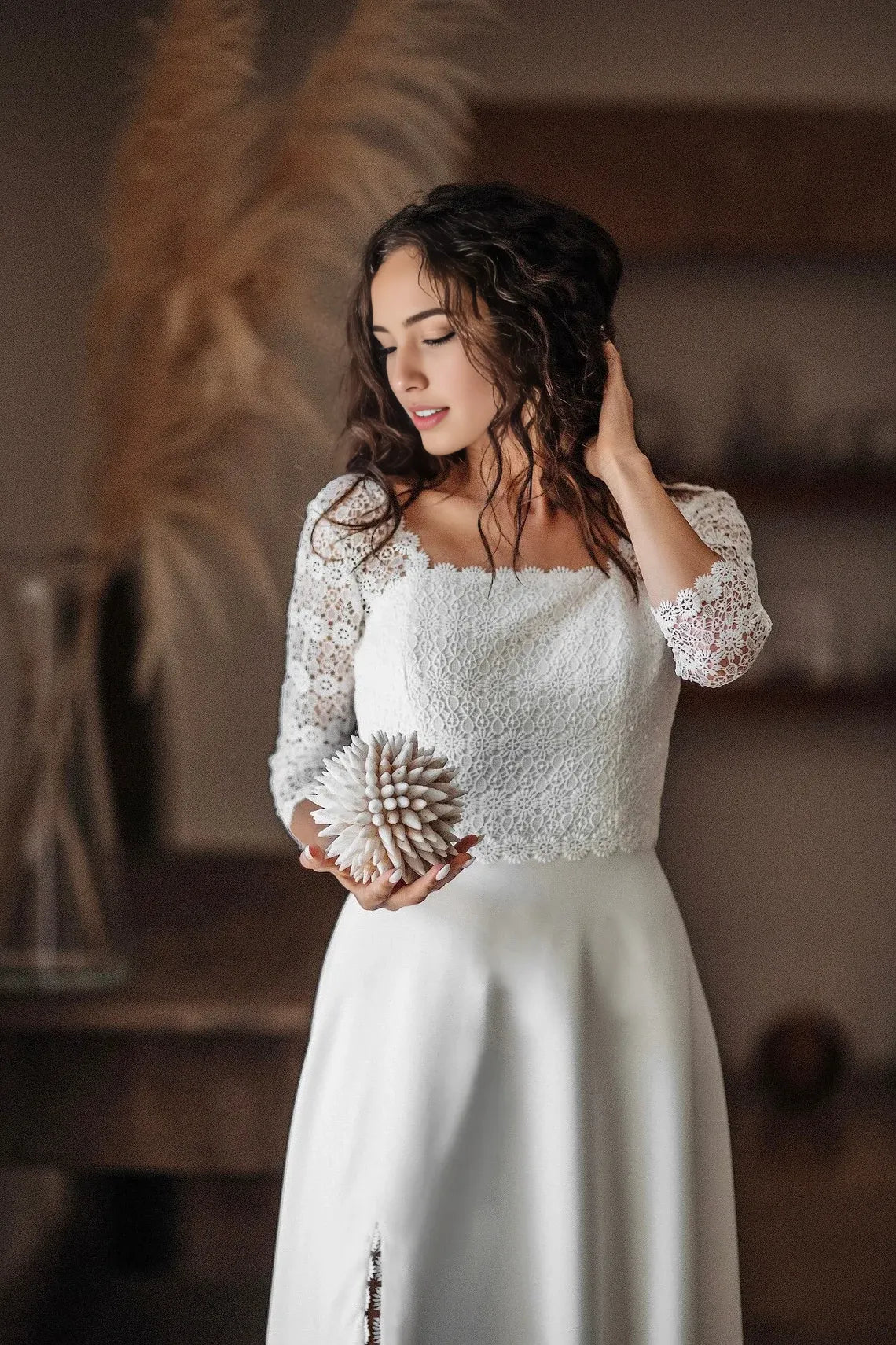 Minimalist And Modest Wedding Dress Square Neckline Simple Open Back Bridal Gown Floral Macrame Rustic Wedding With Slit