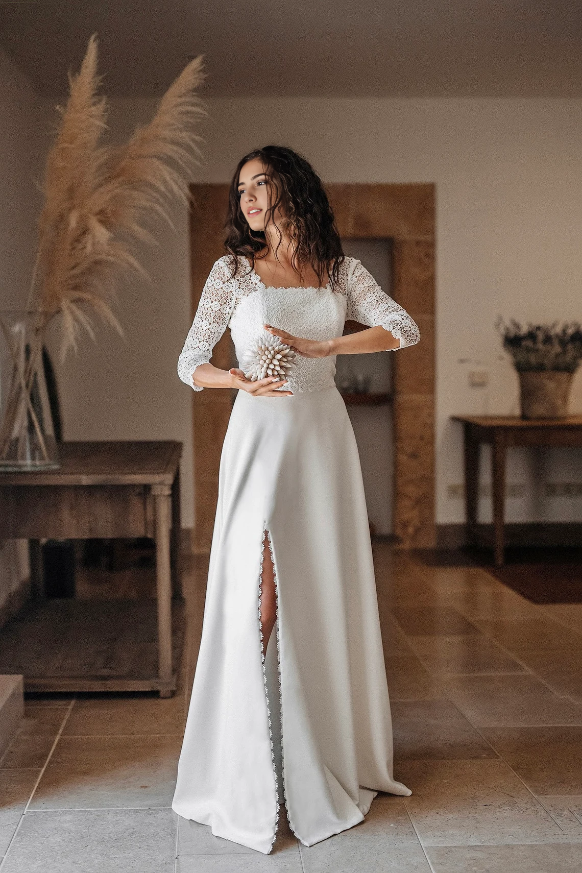 Minimalist And Modest Wedding Dress Square Neckline Simple Open Back Bridal Gown Floral Macrame Rustic Wedding With Slit